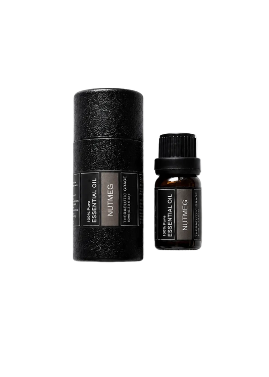 'Nutmeg' essential oil bottle and packaging on a transparent background