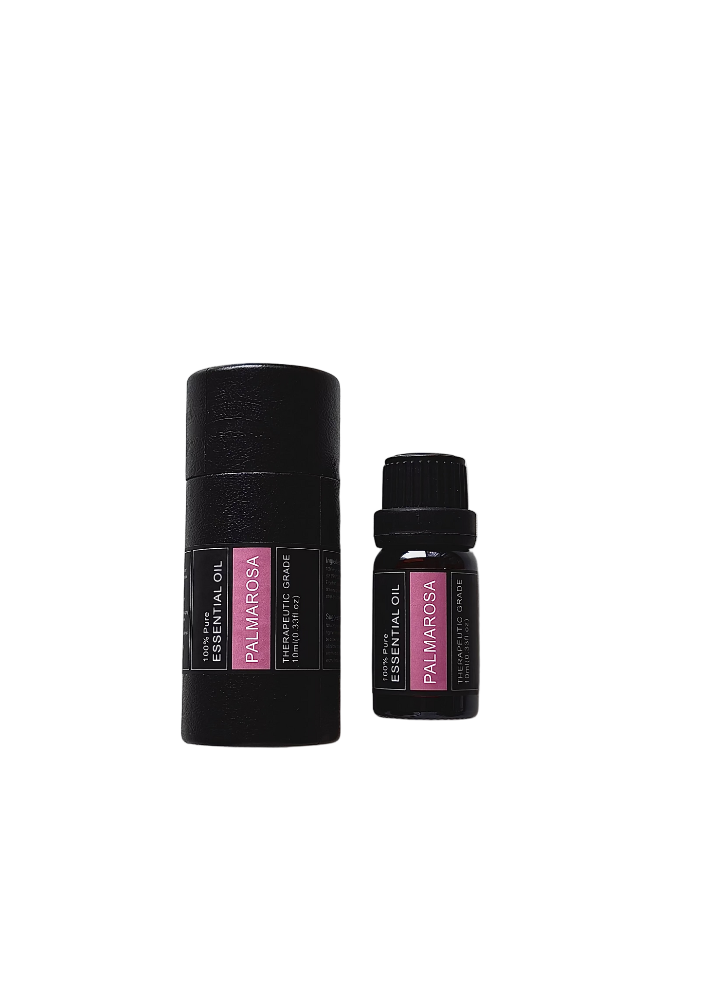 'Palmarose' essential oil bottle and packaging on a transparent background