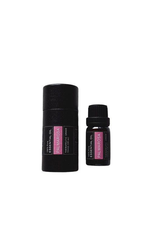 'Palmarose' essential oil bottle and packaging on a transparent background