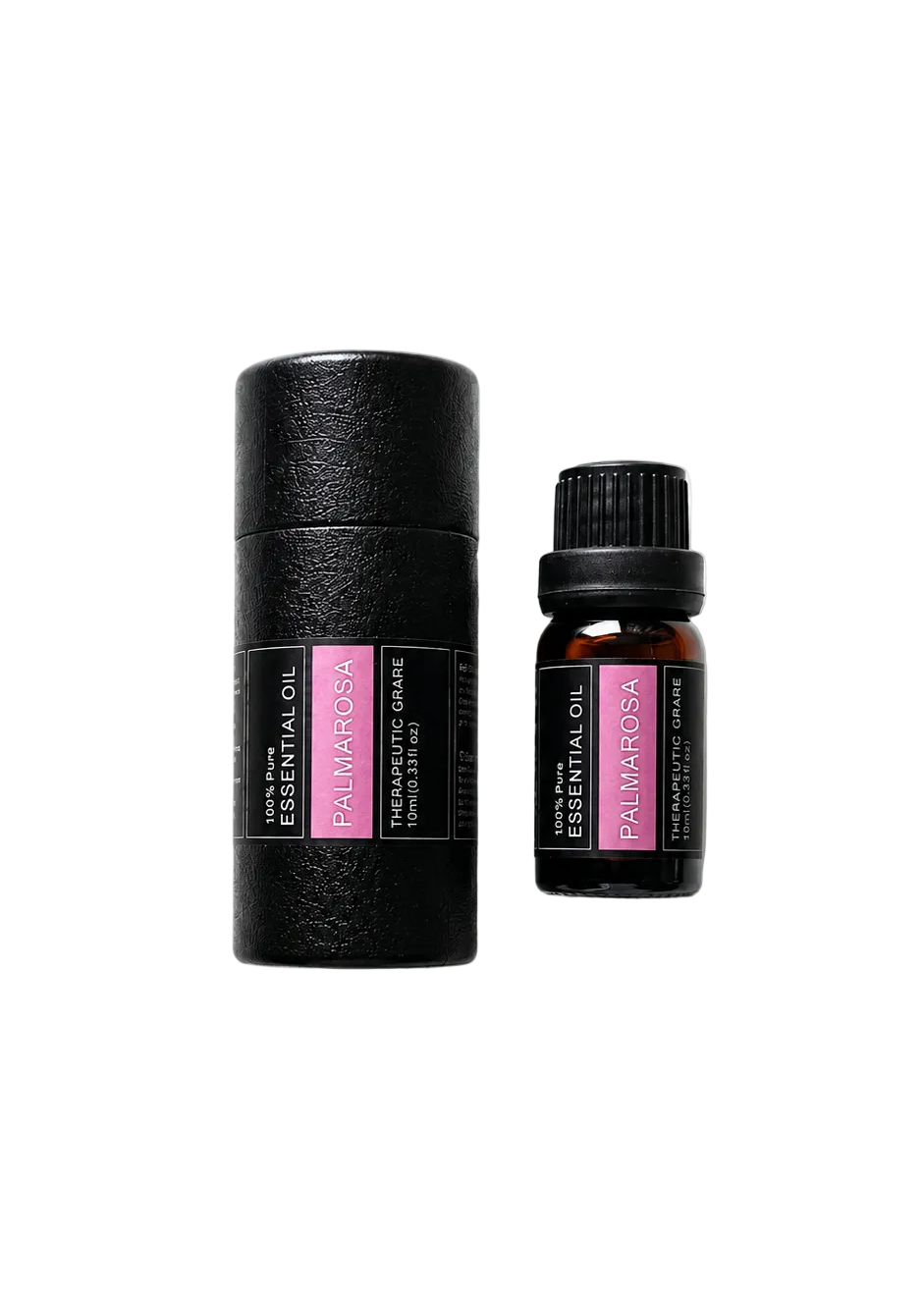 'Palmarosa' essential oil bottle and packaging on a transparent background