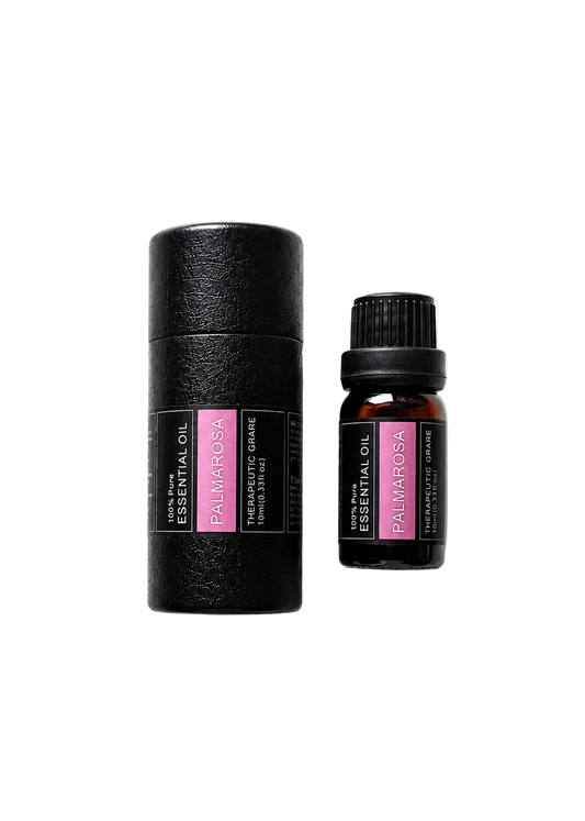 'Palmarosa' essential oil bottle and packaging on a transparent background