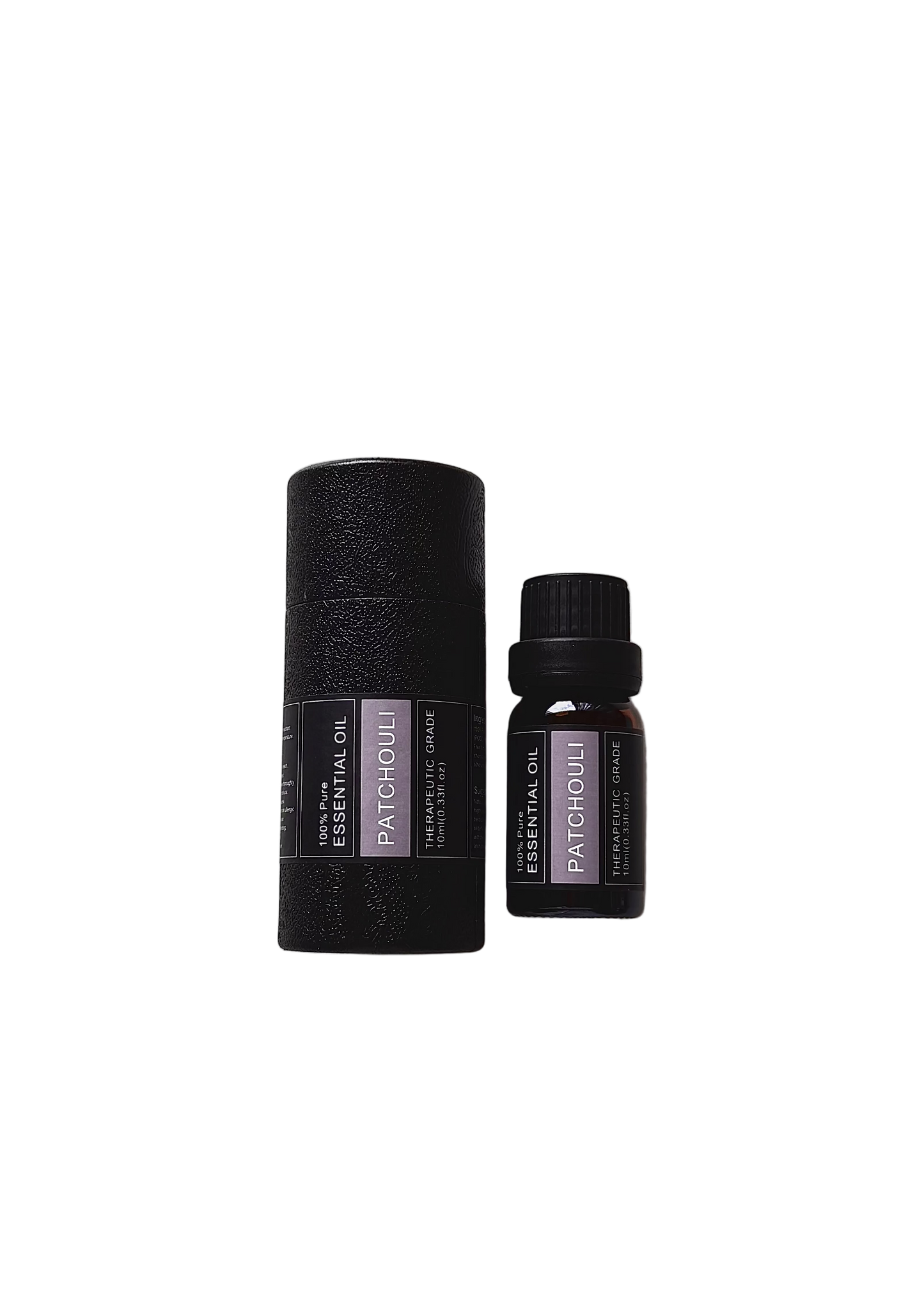 'Patchouli' essential oil bottle and packaging on a transparent background