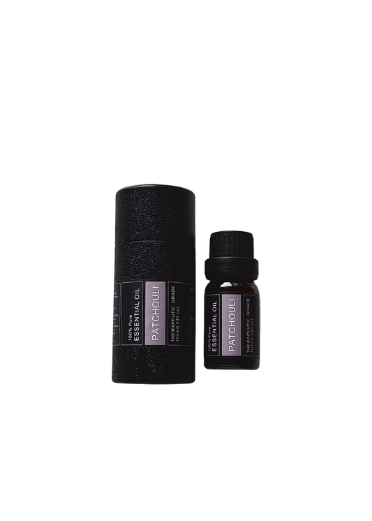 'Patchouli' essential oil bottle and packaging on a transparent background