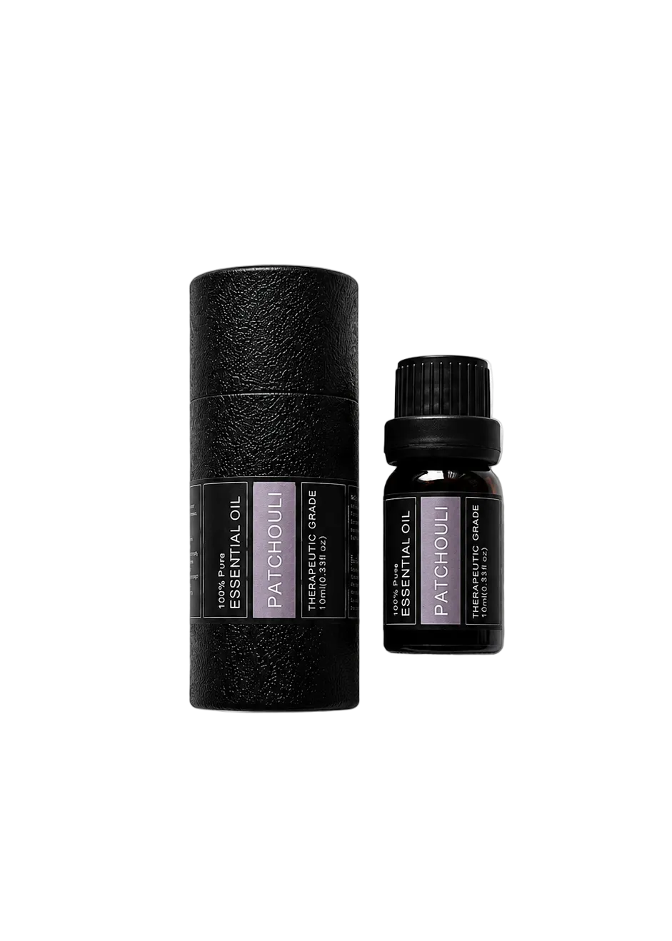 'Patchouli' essential oil bottle and packaging on a transparent background