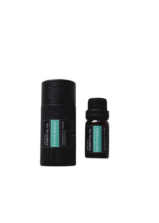 'Peppermint' essential oil bottle and packaging on a white background