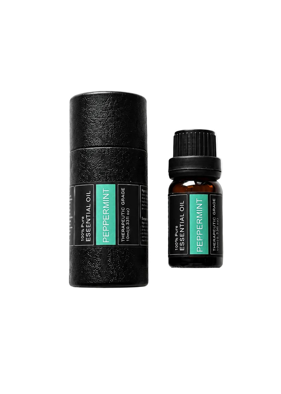 'Peppermint' essential oil bottle and packaging on a transparent background