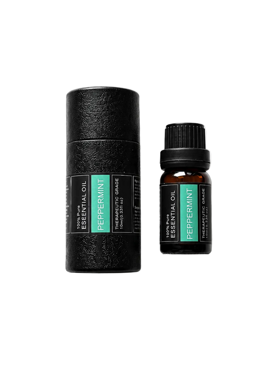 'Peppermint' essential oil bottle and packaging on a transparent background