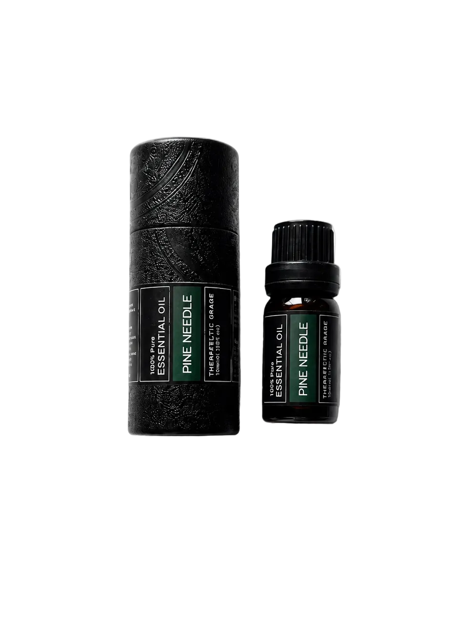 'Pine Needle' essential oil bottle and packaging on a transparent background