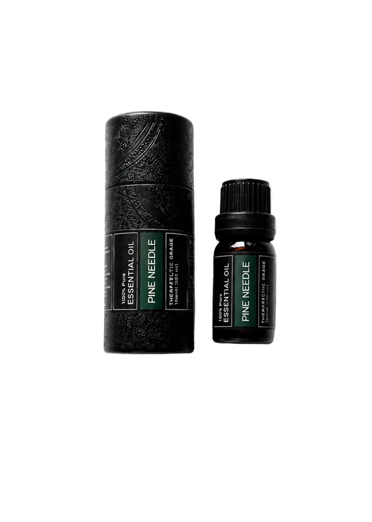 'Pine Needle' essential oil bottle and packaging on a transparent background