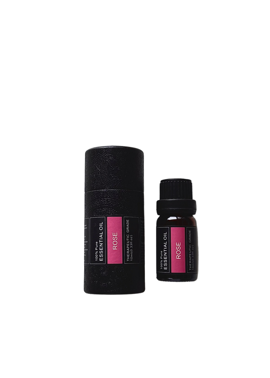 'Rose' essential oil bottle and packaging on a white background