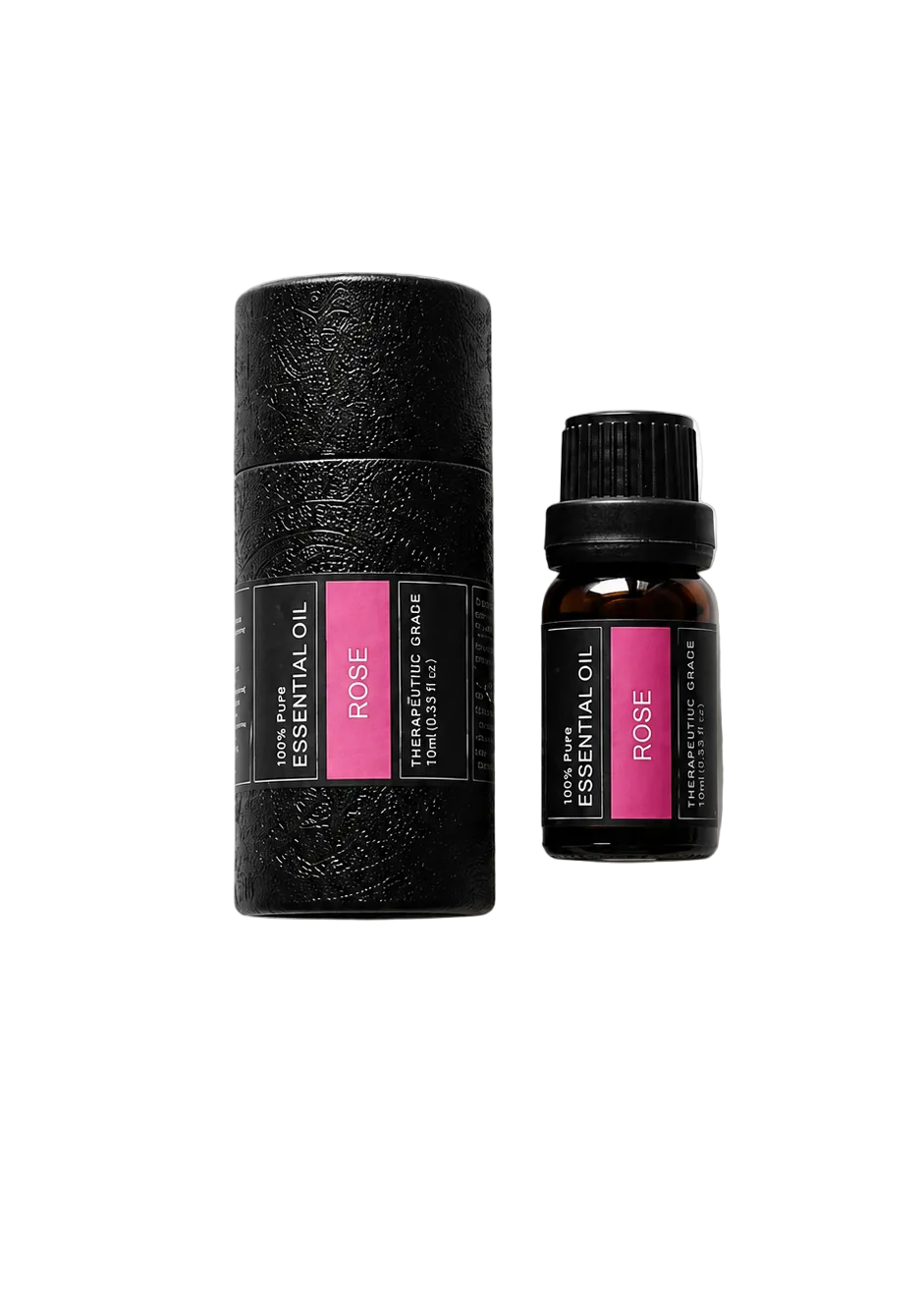 'Rose' essential oil bottle and packaging on a transparent background