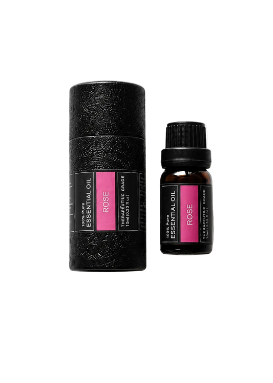 'Rose' essential oil bottle and packaging on a transparent background