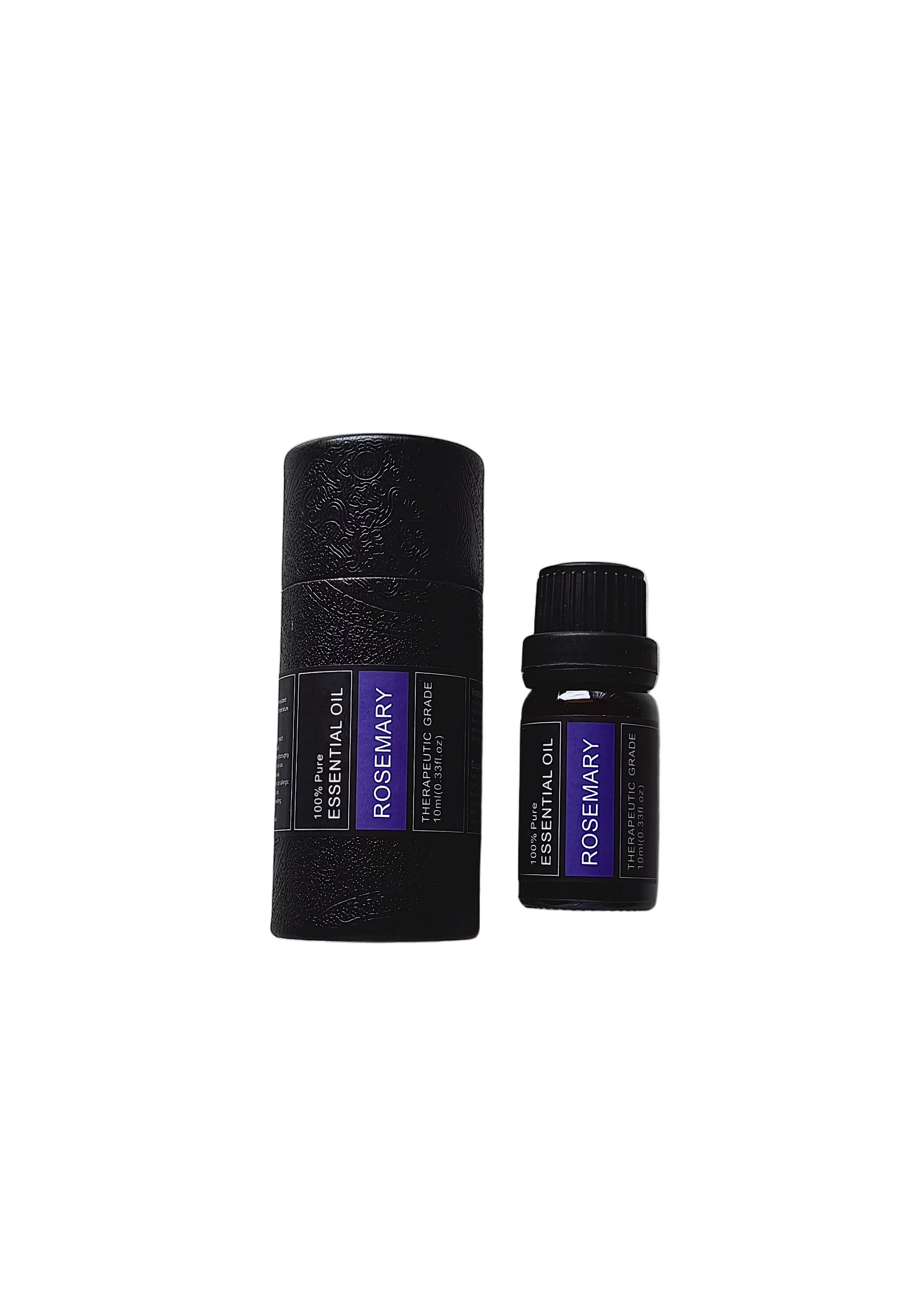 'Rosemary' essential oil bottle and packaging on a transparent background