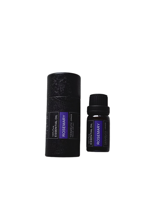 'Rosemary' essential oil bottle and packaging on a transparent background