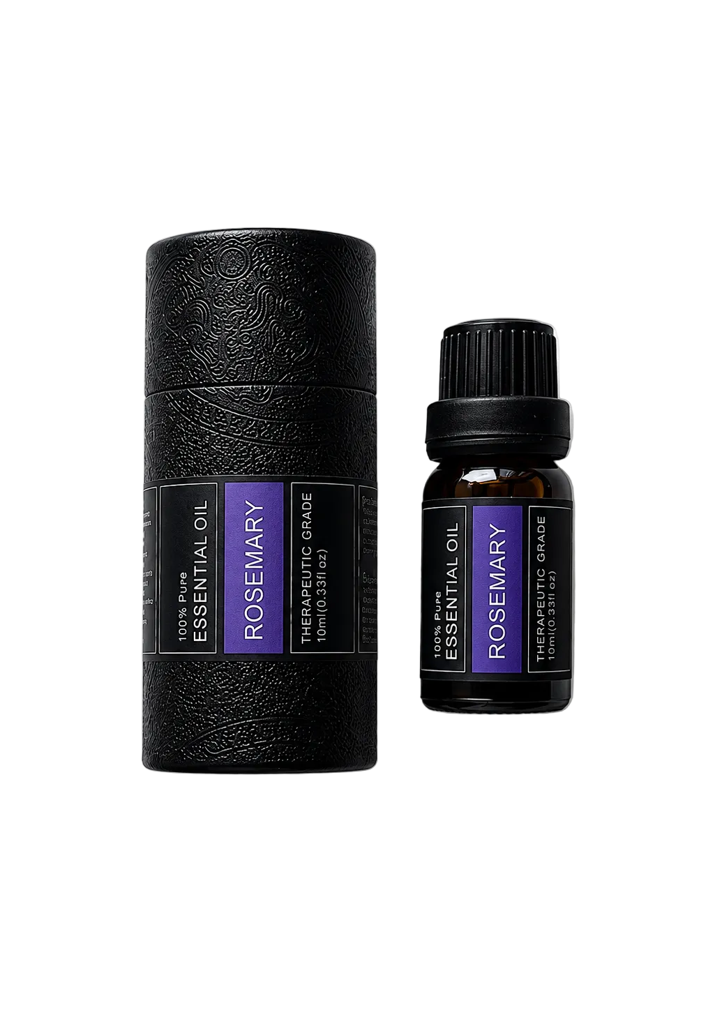 'Rosemary' essential oil bottle and packaging on a transparent background