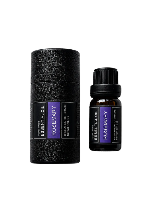 'Rosemary' essential oil bottle and packaging on a transparent background