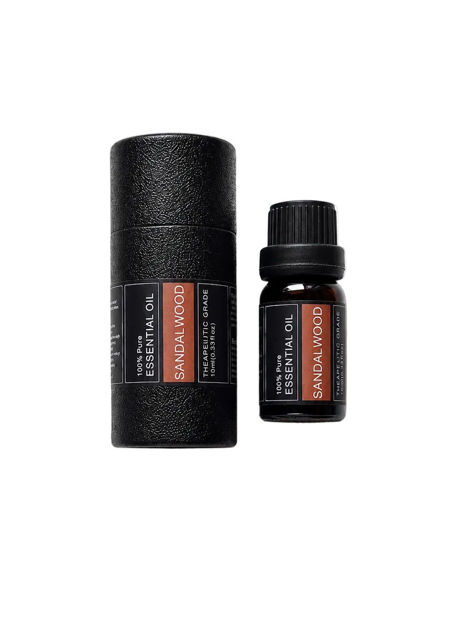 Two essential oil bottles labeled 'Sandalwood' on a transparent background