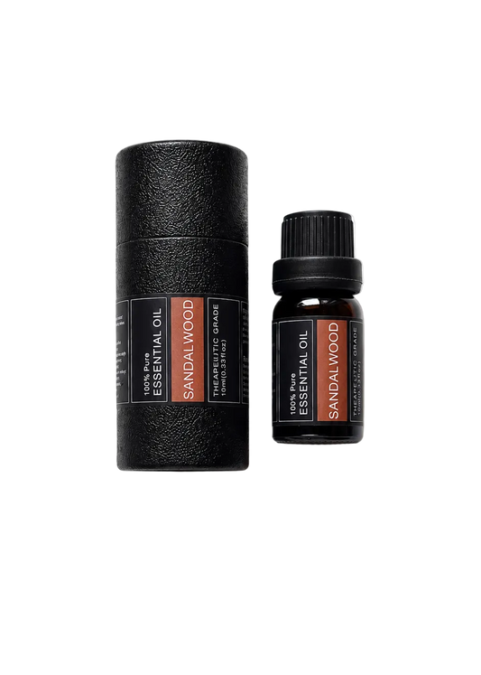 Two essential oil bottles labeled 'Sandalwood' on a transparent background