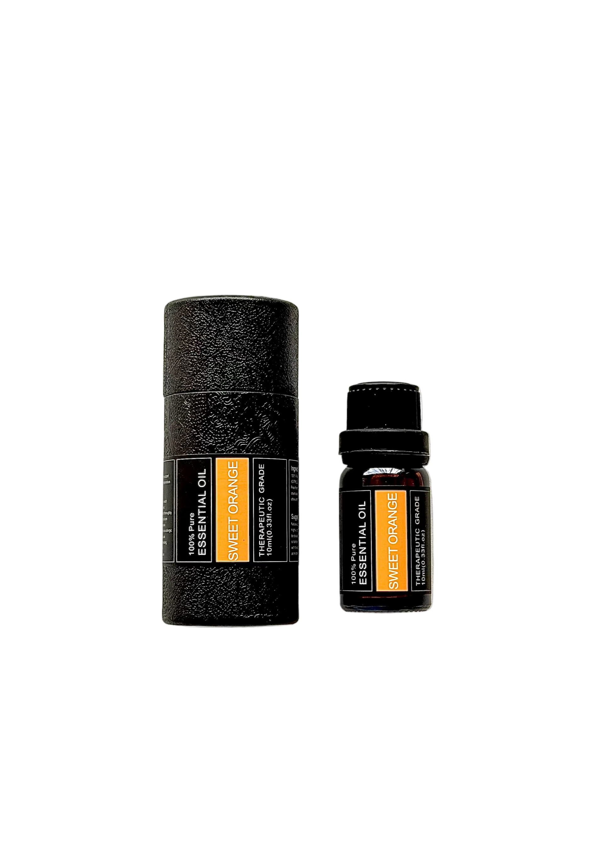 'Sweet Orange' essential oil bottle and packaging on a transparent background