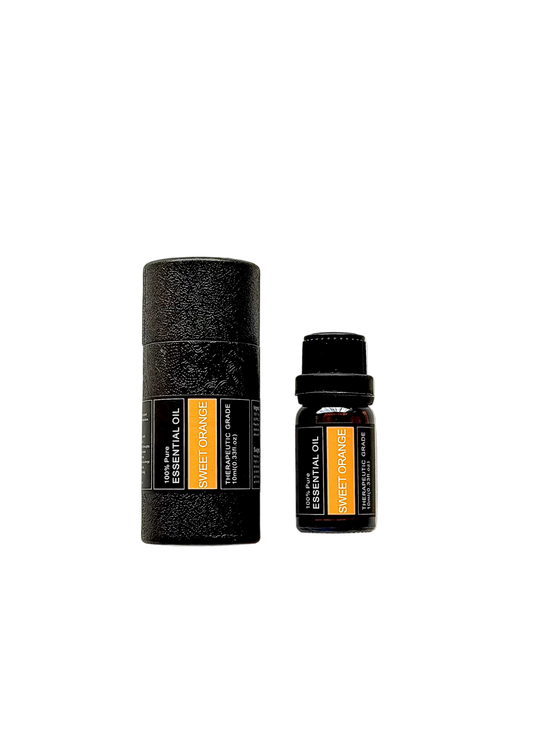 'Sweet Orange' essential oil bottle and packaging on a transparent background