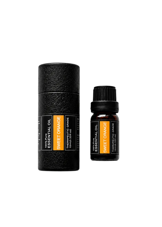 'Sweet Orange' essential oil bottle and packaging on a transparent background