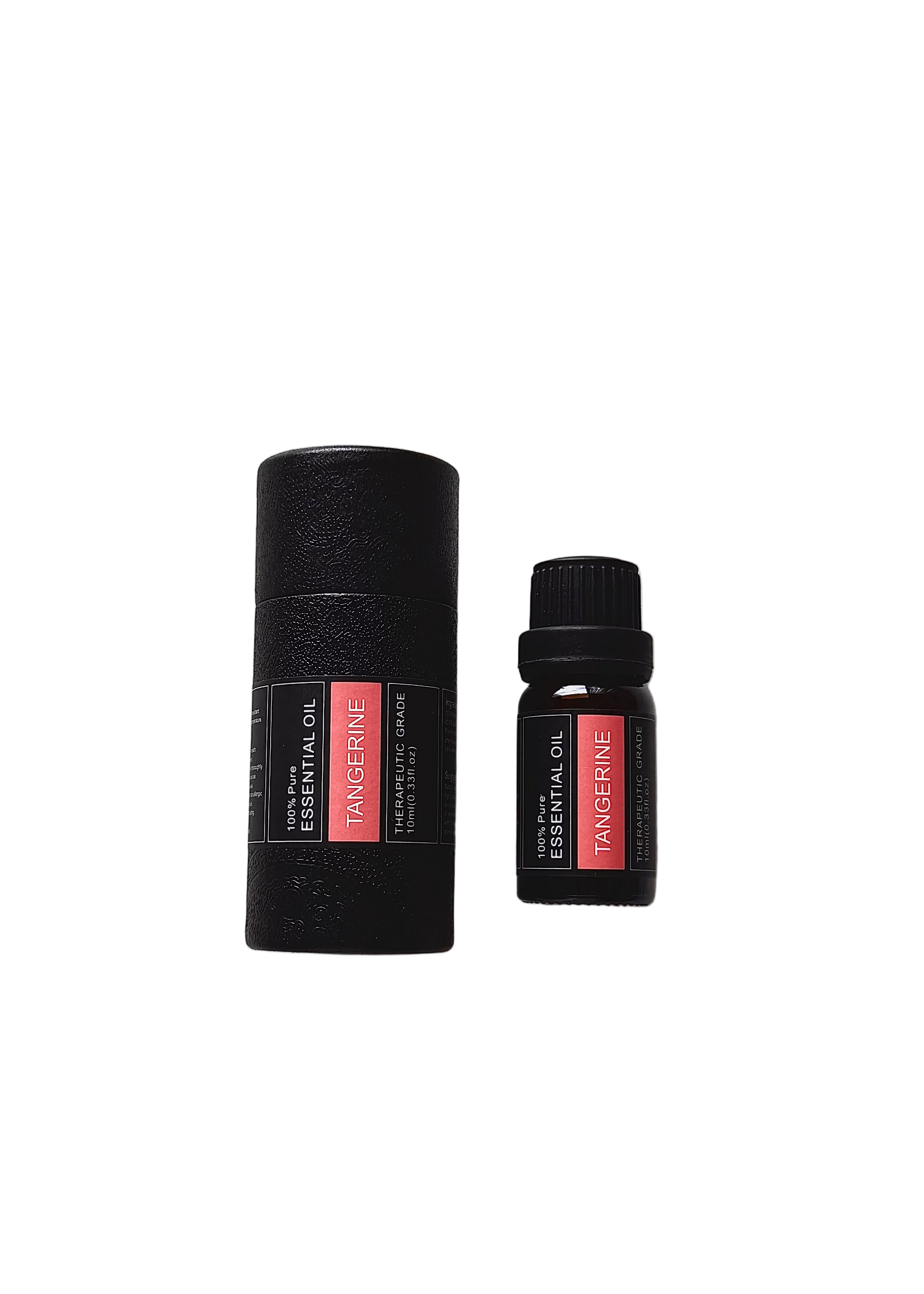 'Tangerine' essential oil bottle and packaging on a transparent background