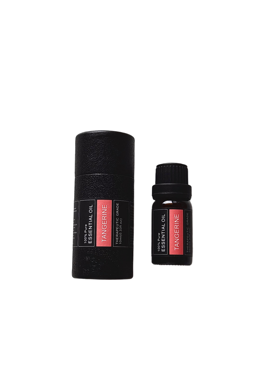 'Tangerine' essential oil bottle and packaging on a transparent background