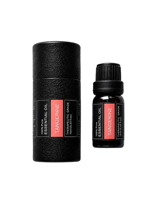 'Tangerine' essential oil bottle and packaging on a transparent background