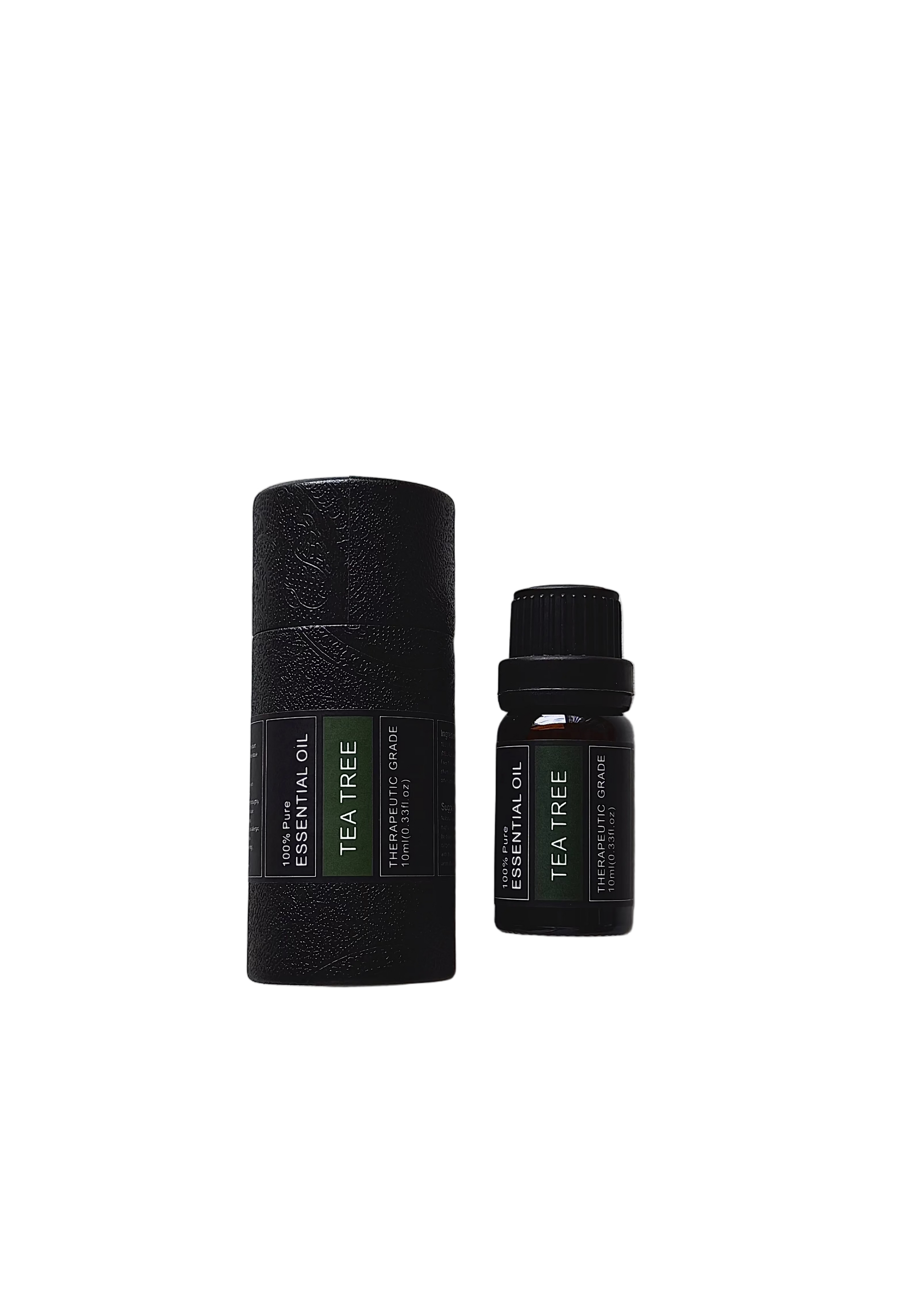 'Tea tree' essential oil bottle and packaging on a transparent background