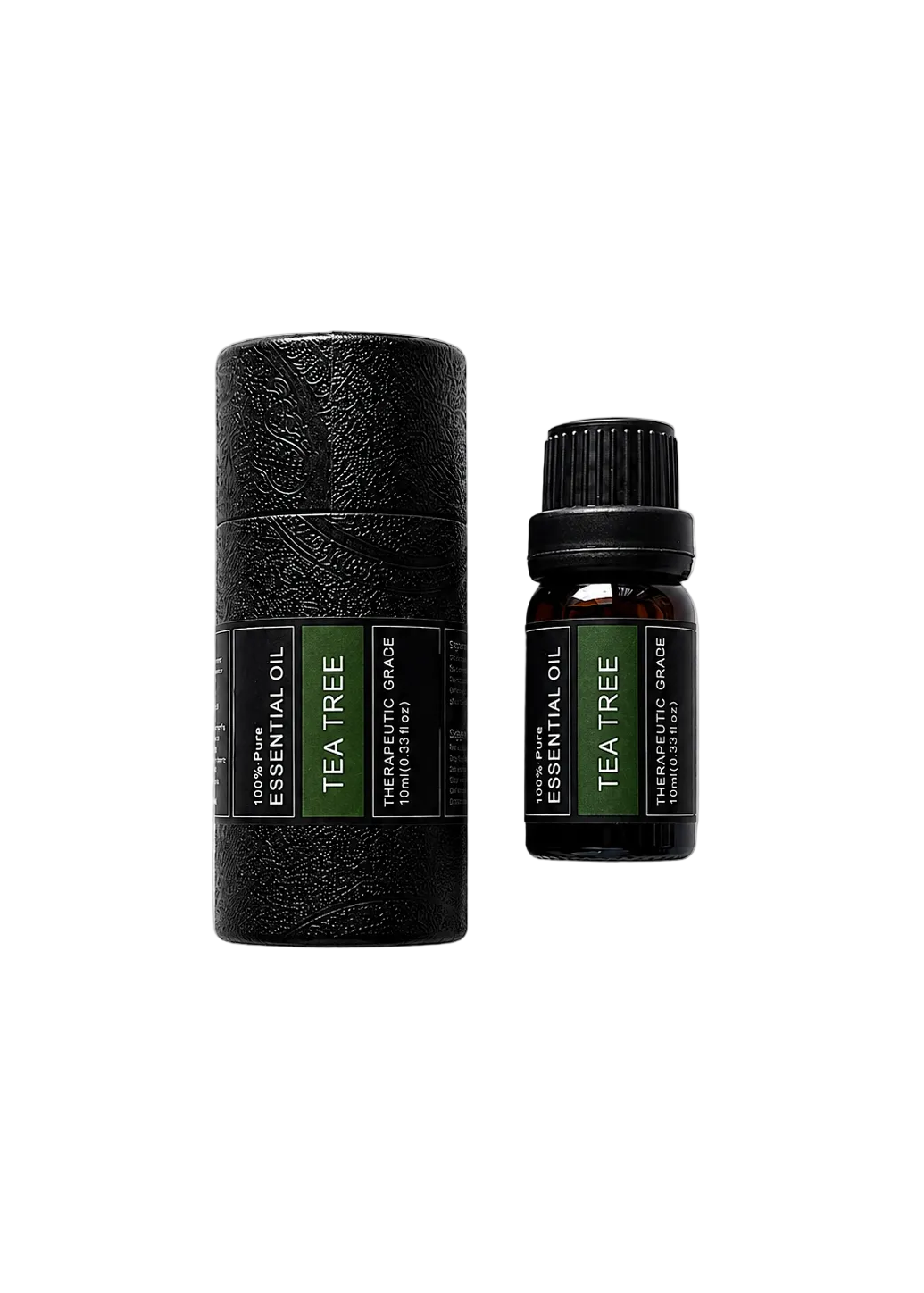 'Tea tree' essential oil bottle and packaging on a transparent background