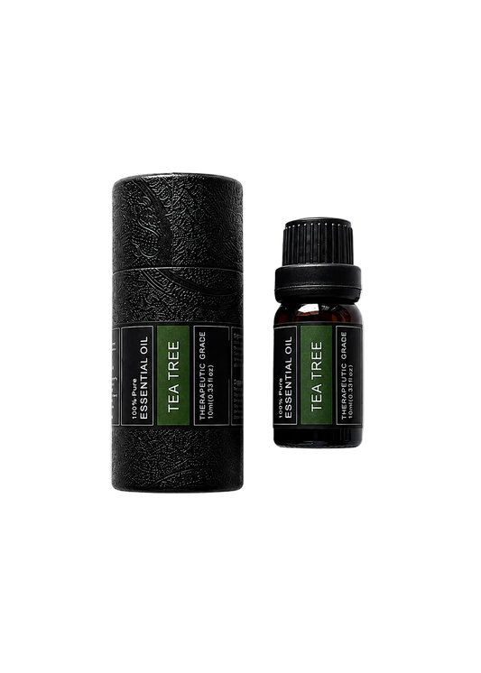 'Tea tree' essential oil bottle and packaging on a transparent background