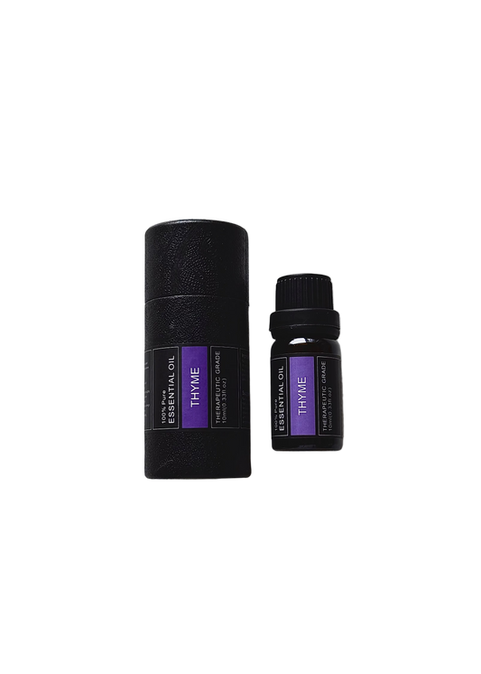 'Thyme' essential oil bottle and packaging on a transparent background