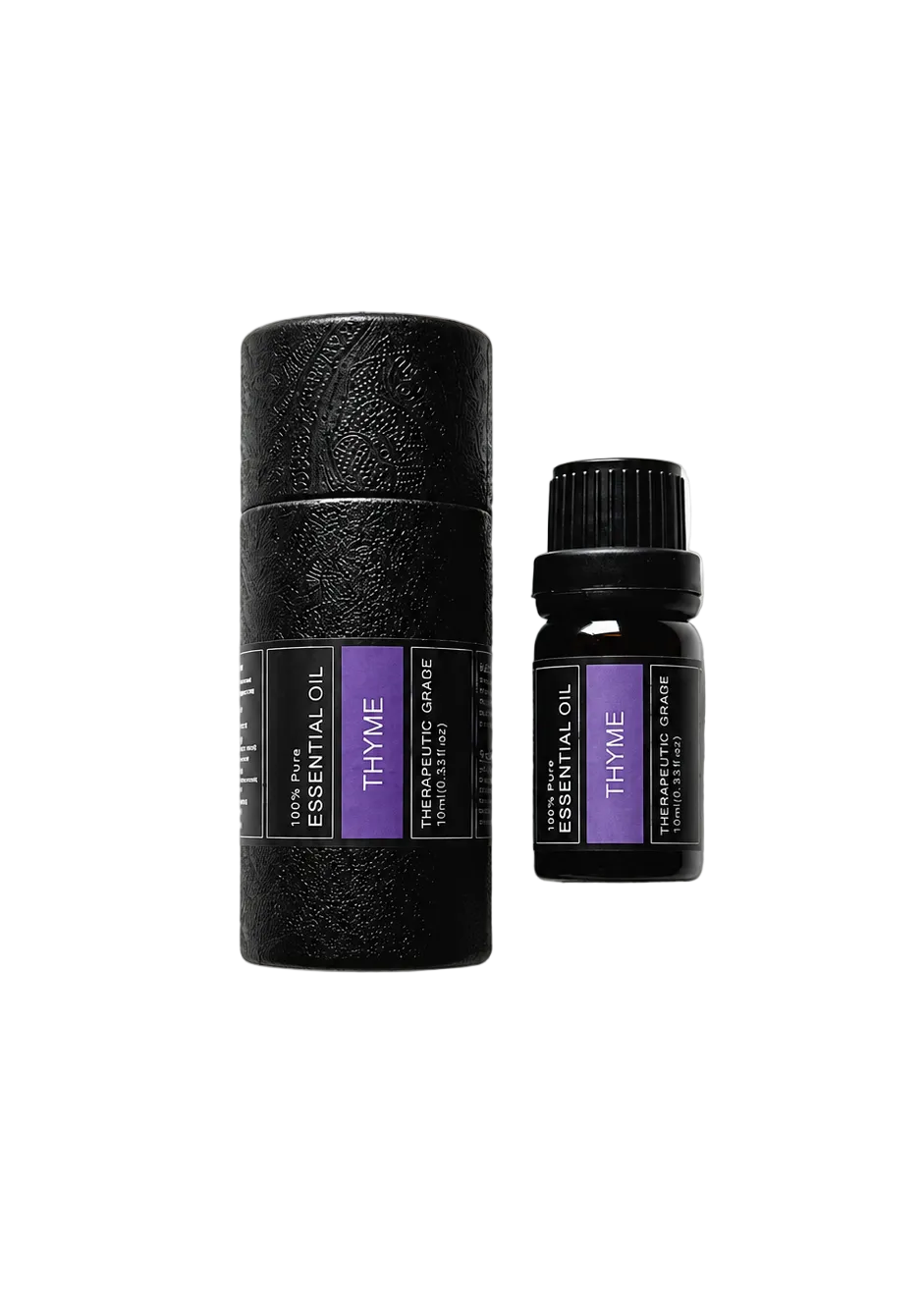 'Thyme' essential oil bottle and packaging on a transparent background