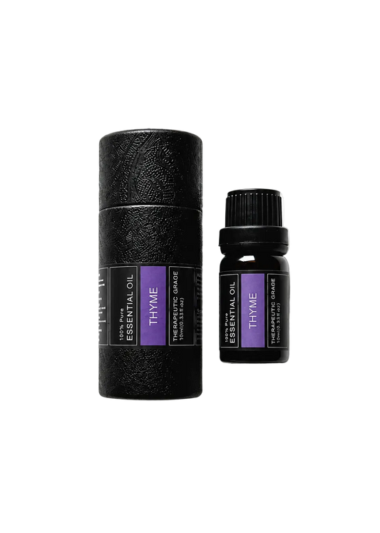 'Thyme' essential oil bottle and packaging on a transparent background