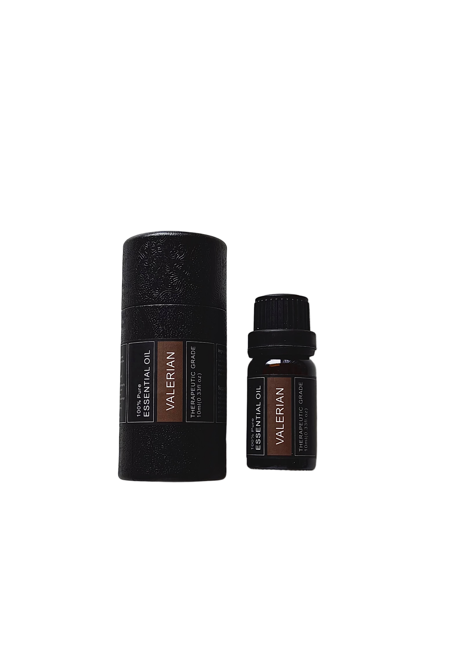 'Valerian' essential oil bottle and packaging on a transparent background