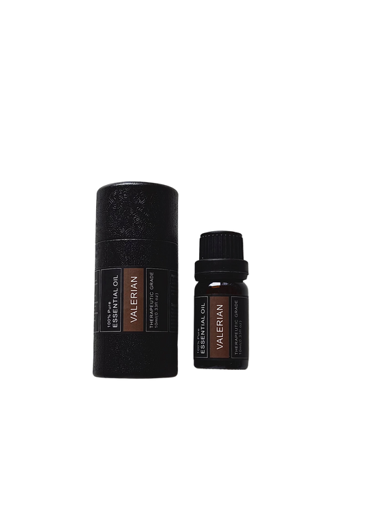 'Valerian' essential oil bottle and packaging on a transparent background