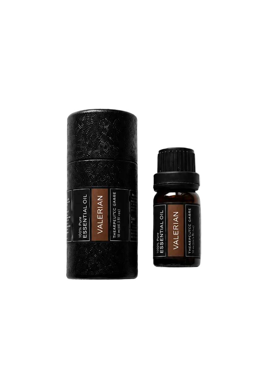 'Valerian' essential oil bottle and packaging on a transparent background