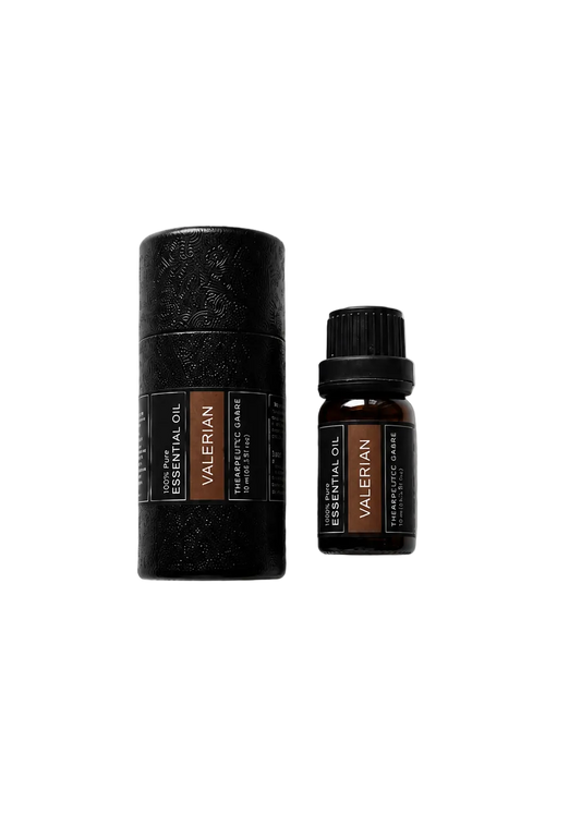 'Valerian' essential oil bottle and packaging on a transparent background