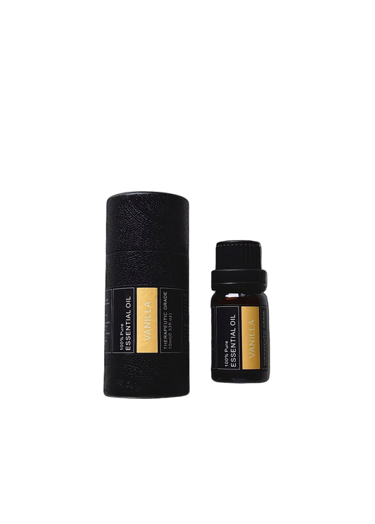 'Vanilla' essential oil bottle and packaging on a white background