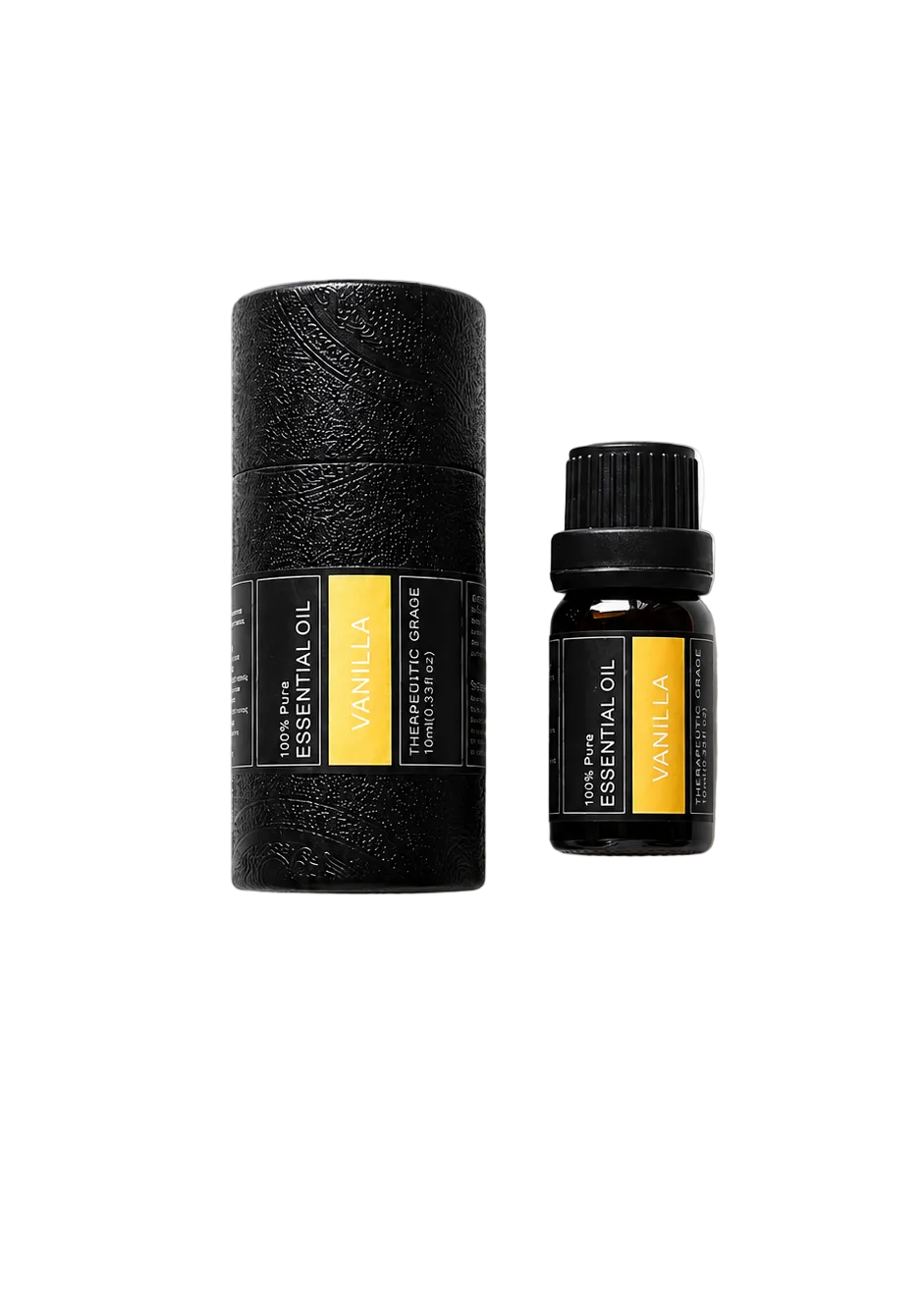 'Vanilla' essential oil bottle and packaging on a transparent background