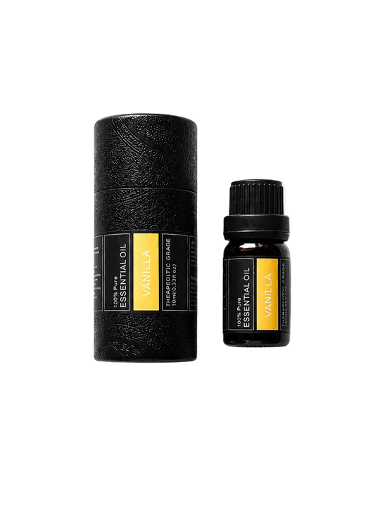 'Vanilla' essential oil bottle and packaging on a transparent background