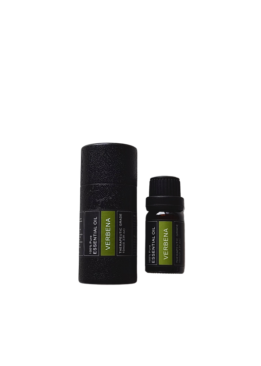 'Verbena' essential oil bottle and packaging on a transparent background