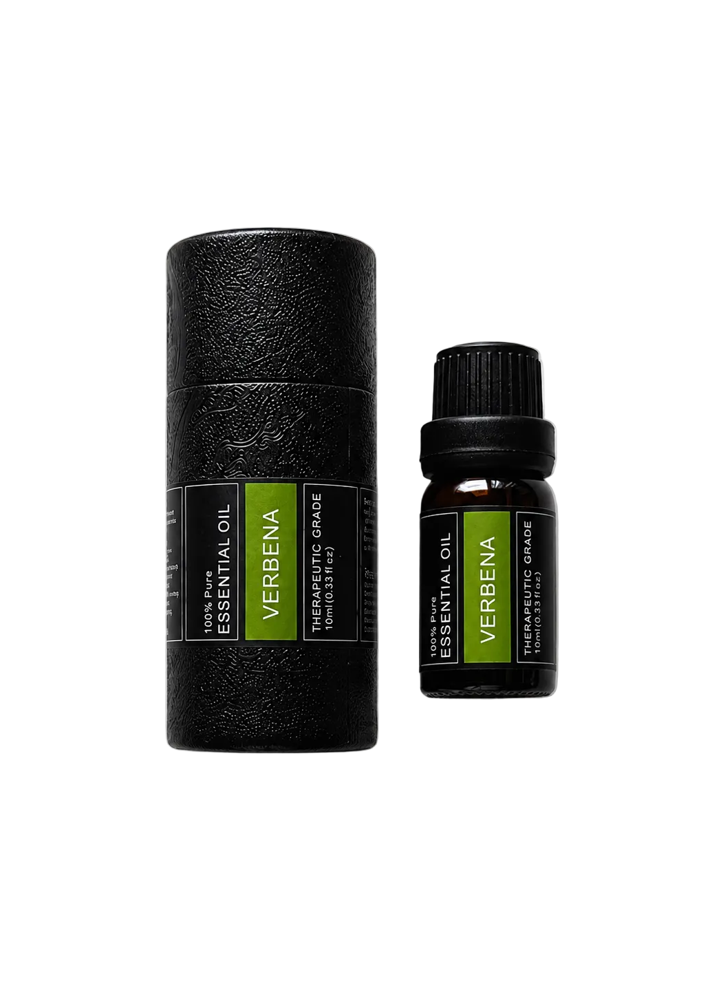 'Verbena' essential oil bottle and packaging on a transparent background