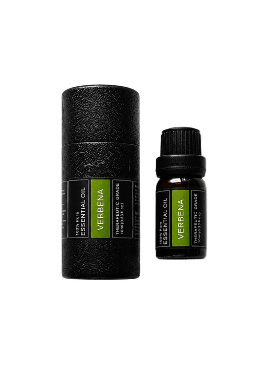 'Verbena' essential oil bottle and packaging on a transparent background