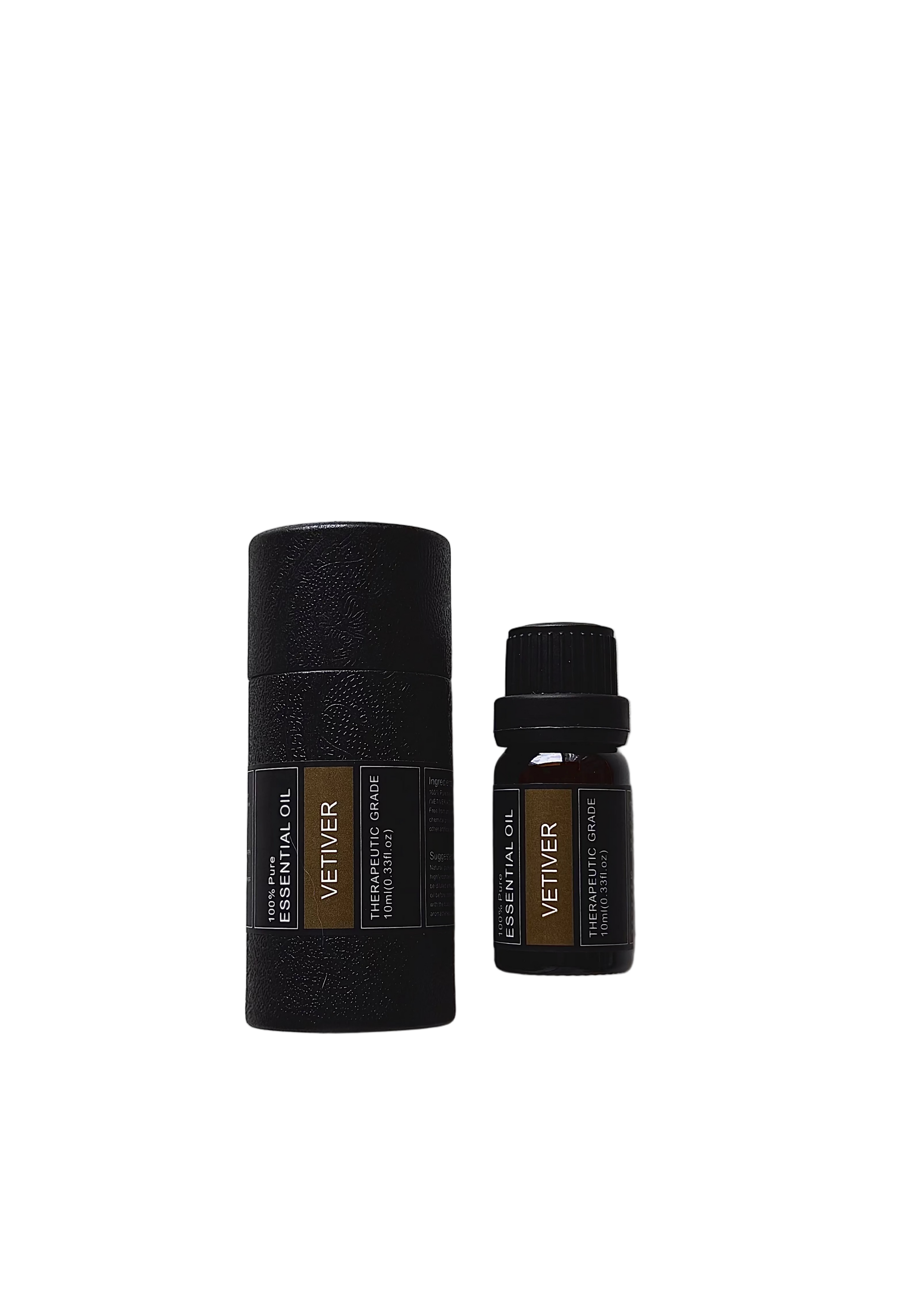 'Vetiver' essential oil bottle and packaging on a transparent background