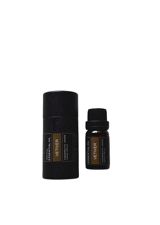 'Vetiver' essential oil bottle and packaging on a transparent background