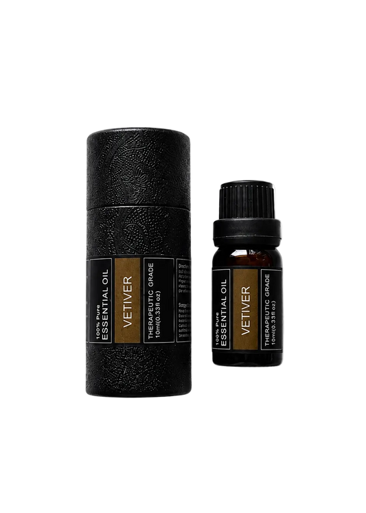 'Vetiver' essential oil bottle and packaging on a transparent background