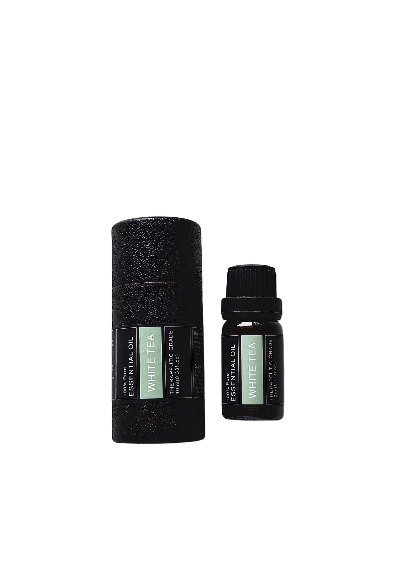 'White Tea' essential oil bottle and packaging on a transparent background