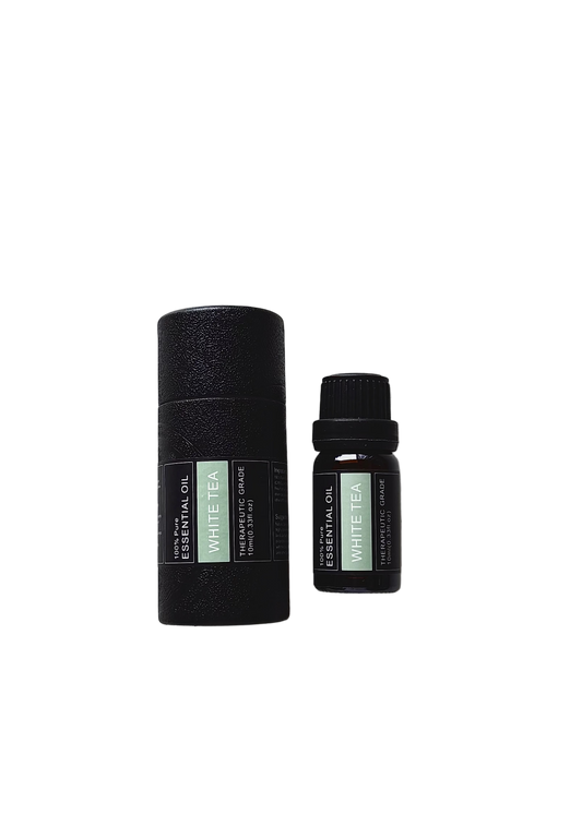 'White Tea' essential oil bottle and packaging on a transparent background