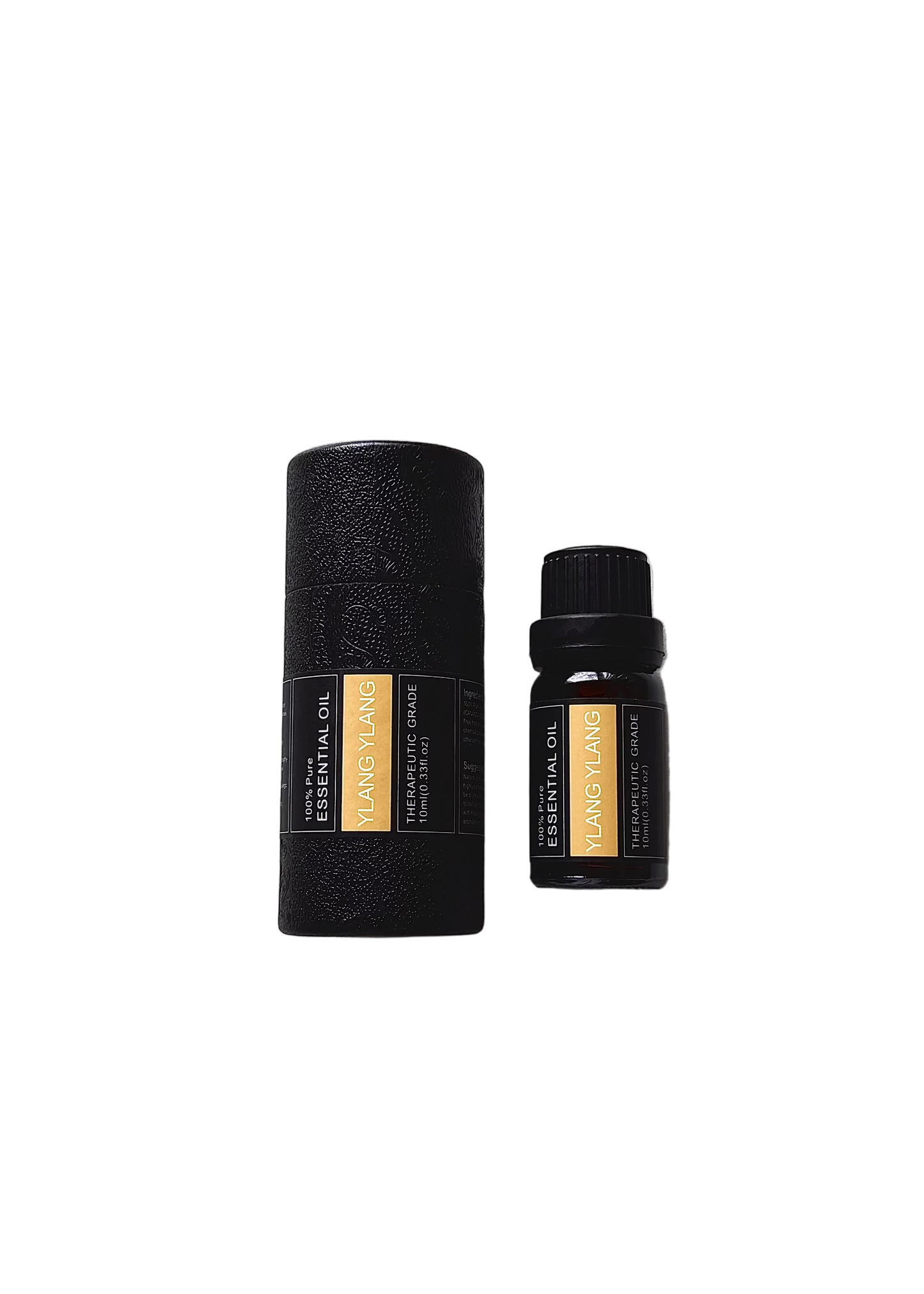 'Ylang Ylang' essential oil bottle and packaging on a transparent background
